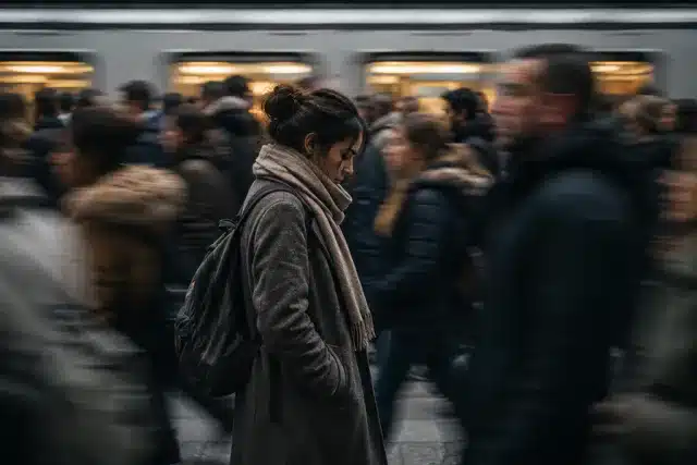 Femme souffrant de stress chronique marchant seule devant un métro bondé de monde